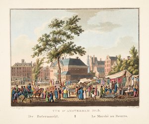 アムステルダムNo.15の眺め。デボターマルクト。 1825年のバター市場（手彫りの彫刻） 作： Cornelis de Kruyff